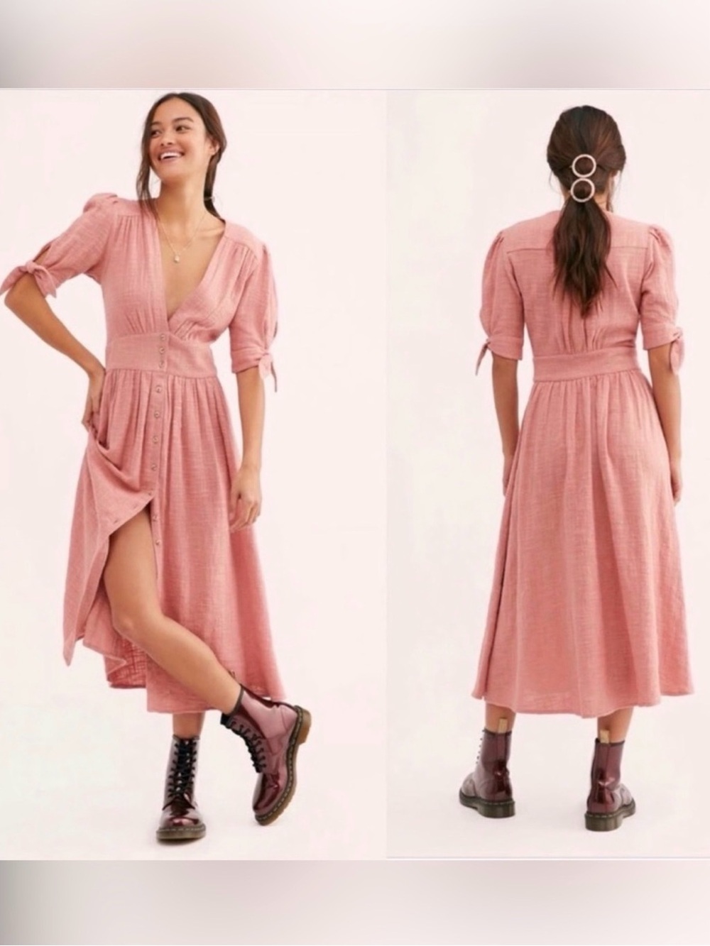 Free People Blush Pink Midi Button-Front Dress